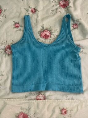 Urban Outfitters Aqua Ribbed V-Neck Crop Top
